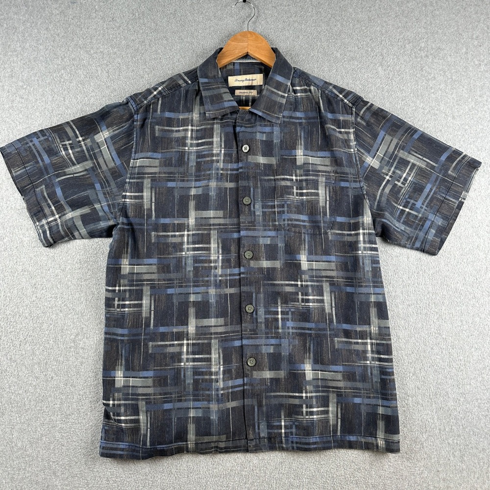 Tommy Bahama Shirt Men's Large Blue 100% Silk Plaid Original Fit Short Sleeve